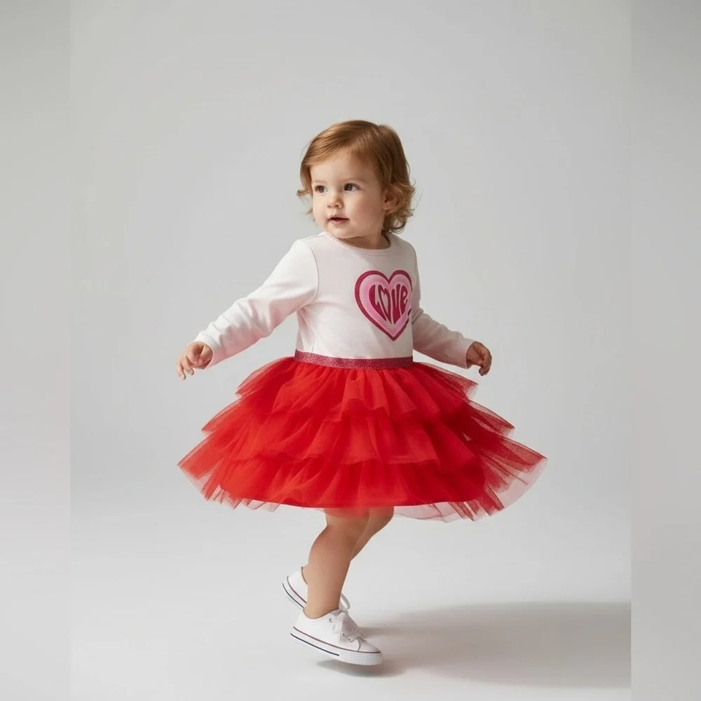 Wonder Nation Girls' 18 Mo tutu Love Heart Dress - Pink and Red long sleeve